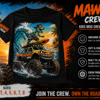 MAWG Crew Surf Dino Monster Truck Kids Tee – Summer Graphic Shirt (2T–XL)