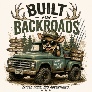 Kids outdoor adventure graphic t-shirt featuring a cool cartoon deer wearing sunglasses and a MAWG hat driving a vintage off-road truck with rustic backroads, hunting, fishing, and adventure-themed graphics. Perfect for country kids, little adventurers, camping trips, and outdoor family fun.