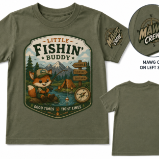Cute little fox fishing beside a mountain lake campsite with vintage outdoor adventure artwork on a military green kids shirt.
