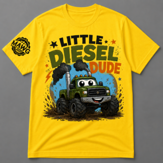 MAWG Crew kids t-shirt featuring a cartoon green diesel monster truck with “Little Diesel Dude” graphic and sleeve logo.