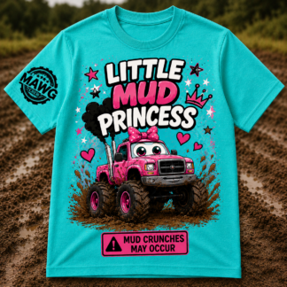 Kids MAWG Crew monster truck t-shirt featuring a cartoon pink mud truck graphic with “Little Mud Princess” design and sleeve logo.