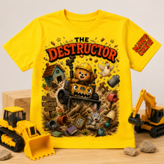 Kids yellow construction shirt with bulldozer bear graphic and MAWG Crew sleeve logo