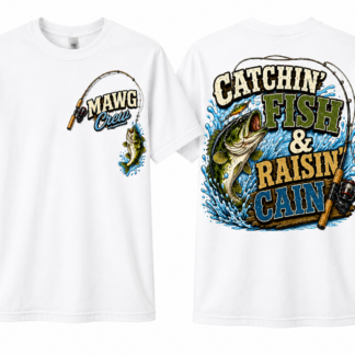 This youth fishing t-shirt featuring a large "Catchin' Fish & Raisin' Cain" bass graphic on the back with a matching MAWG Crew fishing logo on the front left chest. Perfect outdoor shirt for kids who love fishing, camping, and adventures.