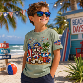 A light sage green graphic T-shirt featuring a colorful patriotic summer-themed design on the front. The shirt includes vibrant artwork and a comfortable unisex fit, perfect for casual wear, holidays, and everyday adventures.