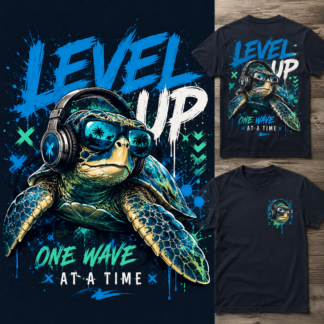 MAWG Crew youth t-shirt featuring a cool sea turtle wearing headphones with a bold "Level Up – One Wave at a Time" graphic on the back and a matching chest logo on the front.