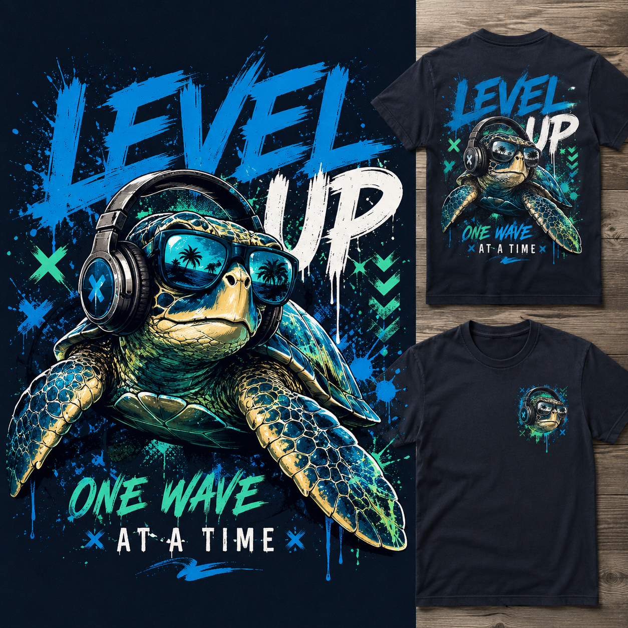 MAWG Crew youth t-shirt featuring a cool sea turtle wearing headphones with a bold "Level Up – One Wave at a Time" graphic on the back and a matching chest logo on the front.