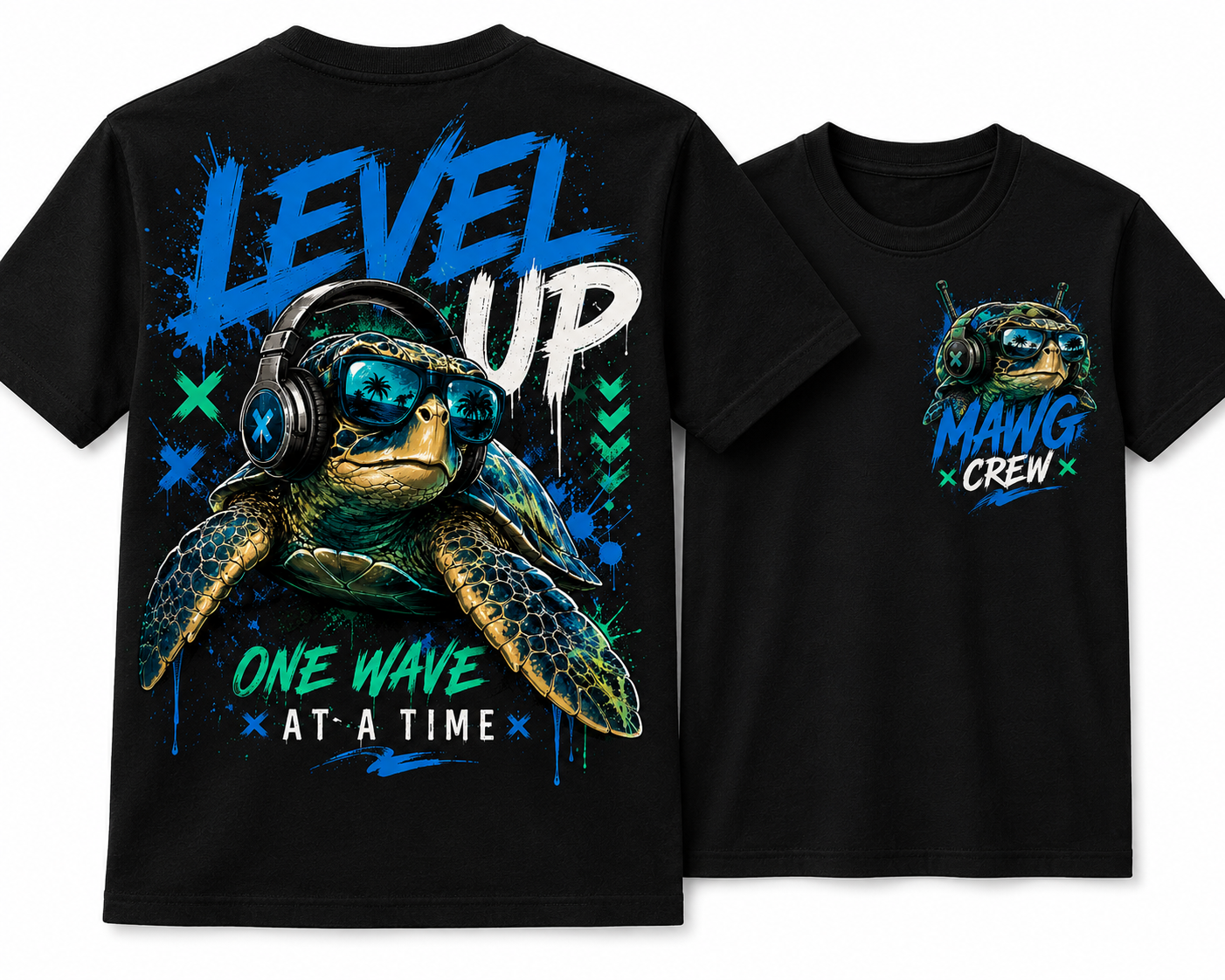 MAWG Crew youth t-shirt featuring a cool sea turtle wearing headphones with a bold "Level Up – One Wave at a Time" graphic on the back and a matching chest logo on the front.