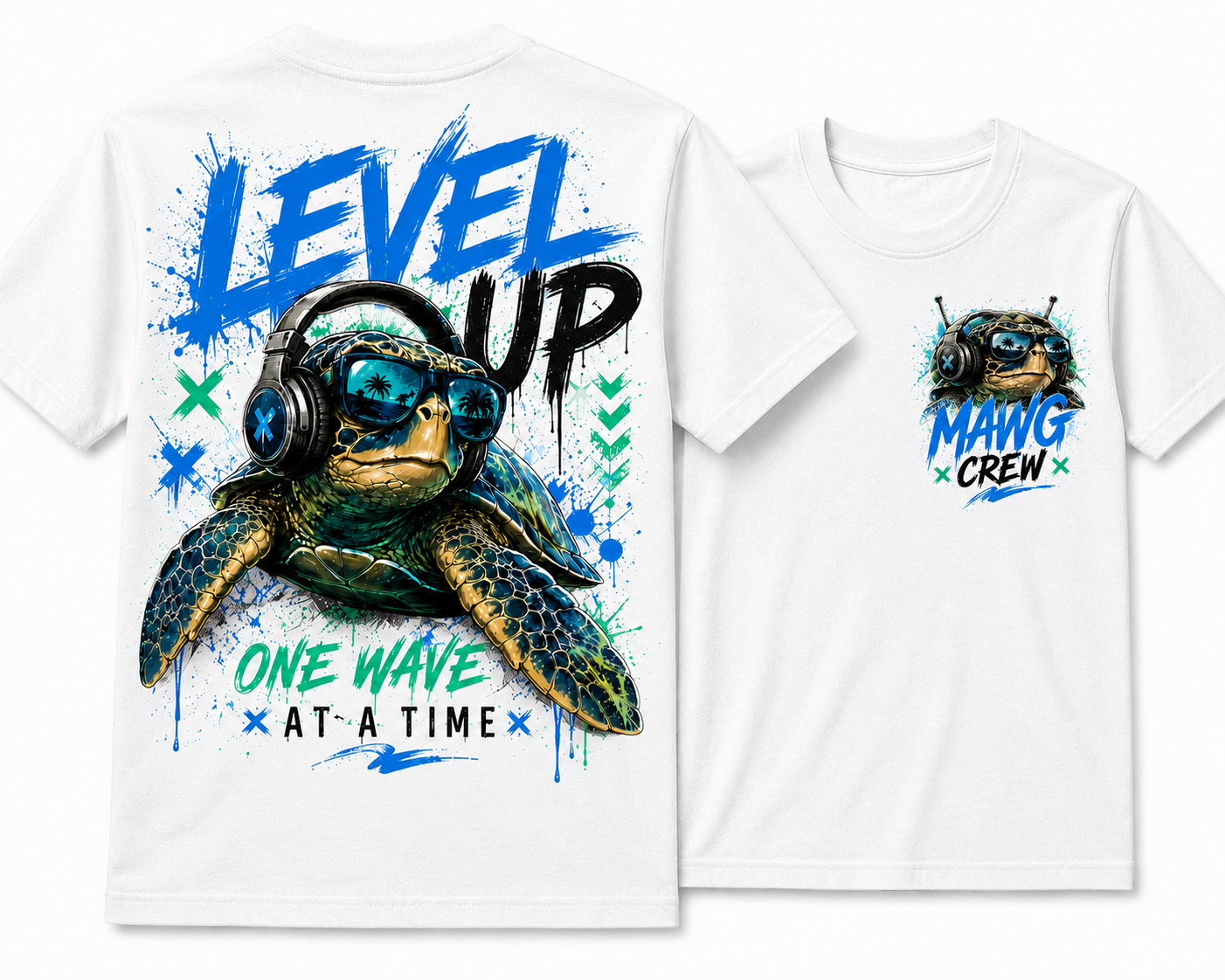 MAWG Crew youth t-shirt featuring a cool sea turtle wearing headphones with a bold "Level Up – One Wave at a Time" graphic on the back and a matching chest logo on the front.