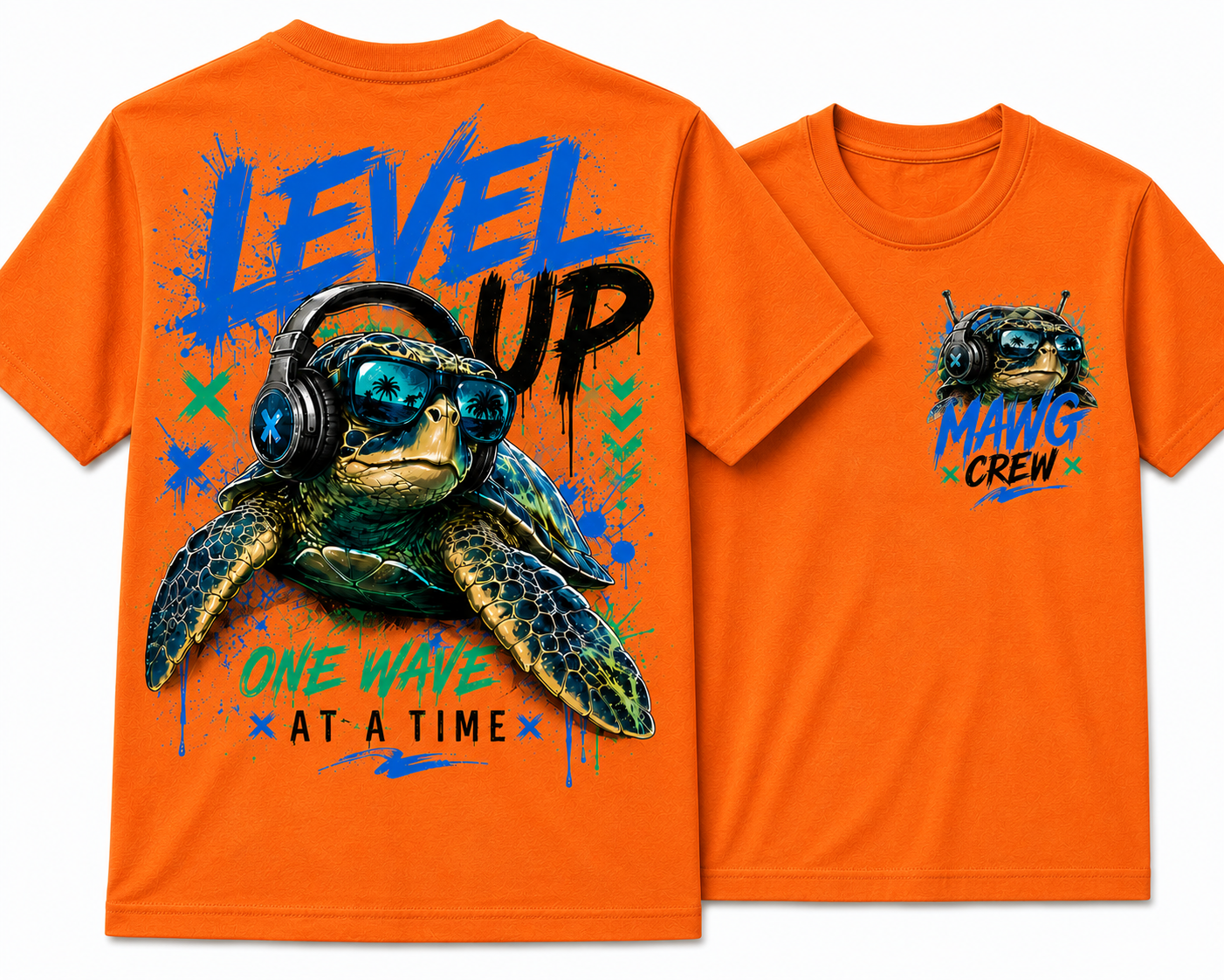 MAWG Crew youth t-shirt featuring a cool sea turtle wearing headphones with a bold "Level Up – One Wave at a Time" graphic on the back and a matching chest logo on the front.