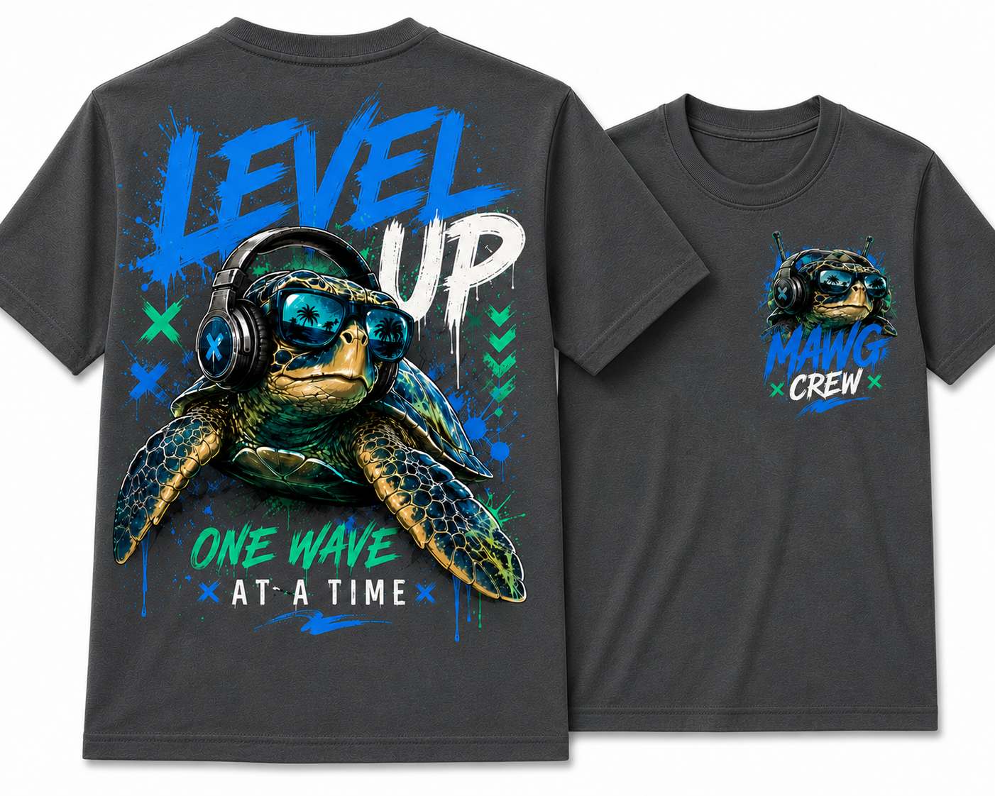 MAWG Crew youth t-shirt featuring a cool sea turtle wearing headphones with a bold "Level Up – One Wave at a Time" graphic on the back and a matching chest logo on the front.