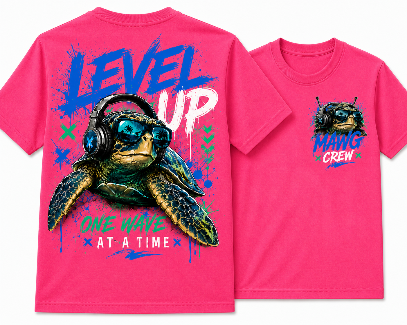 MAWG Crew youth t-shirt featuring a cool sea turtle wearing headphones with a bold "Level Up – One Wave at a Time" graphic on the back and a matching chest logo on the front.