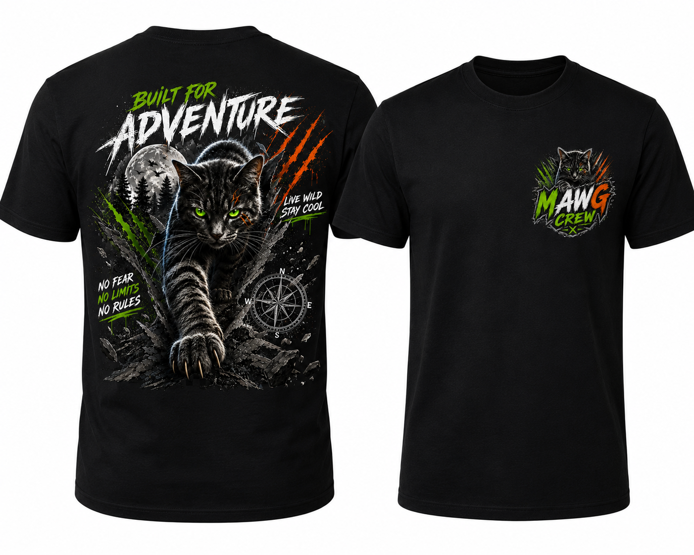 Youth adventure t-shirt featuring a bold black cat graphic with outdoor-inspired artwork on the back and a matching MAWG Crew logo on the front chest.