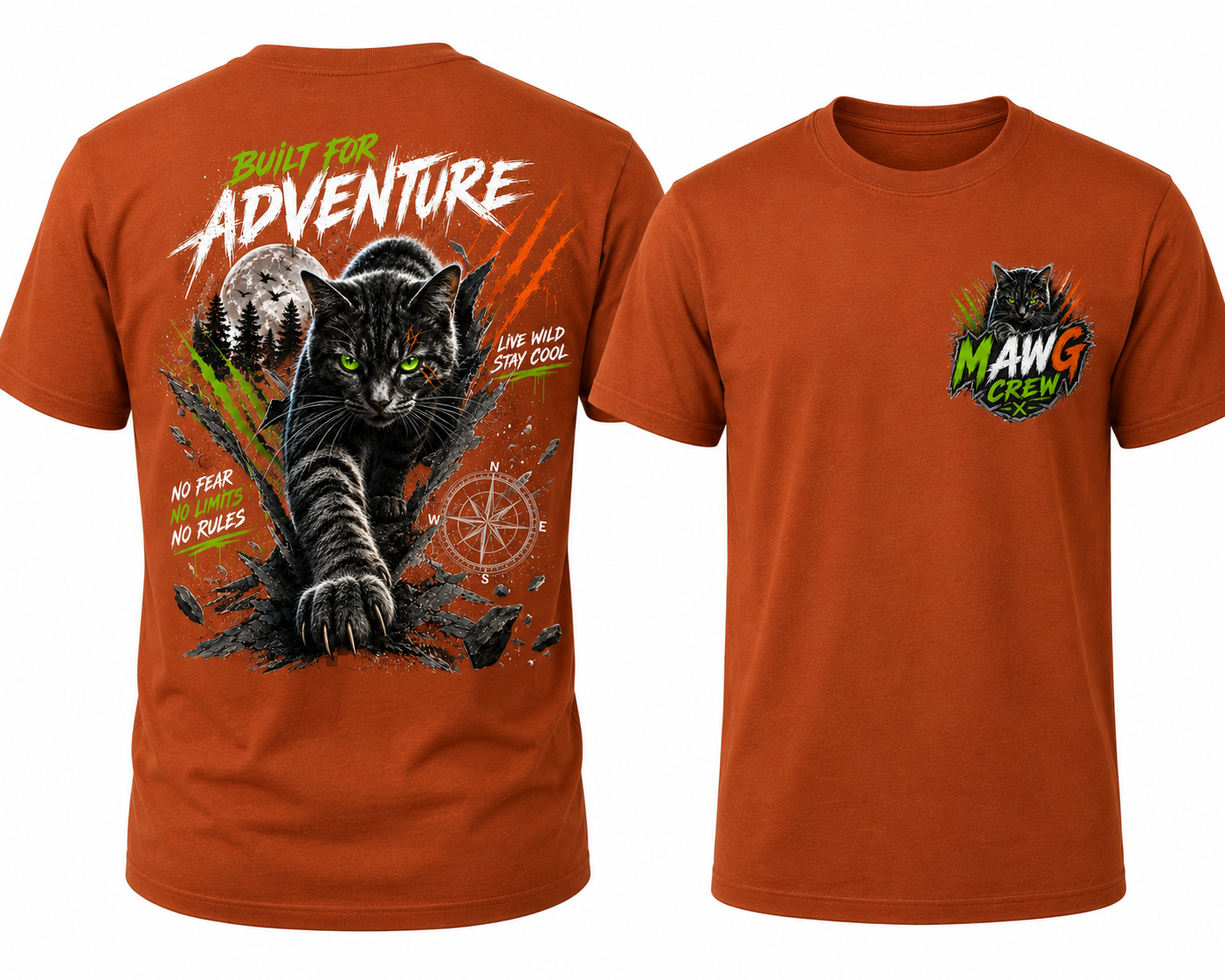 Youth adventure t-shirt featuring a bold black cat graphic with outdoor-inspired artwork on the back and a matching MAWG Crew logo on the front chest.