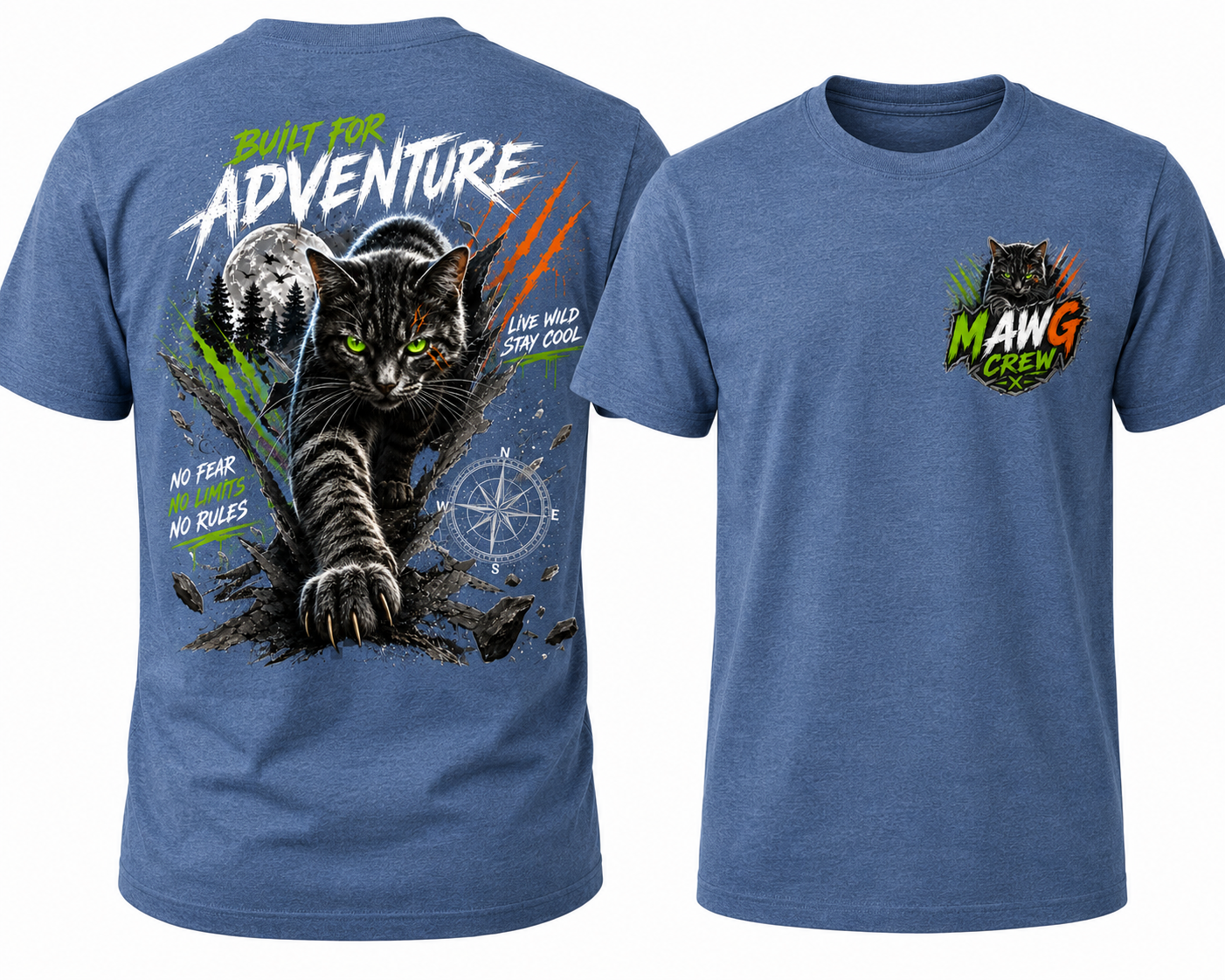 Youth adventure t-shirt featuring a bold black cat graphic with outdoor-inspired artwork on the back and a matching MAWG Crew logo on the front chest.