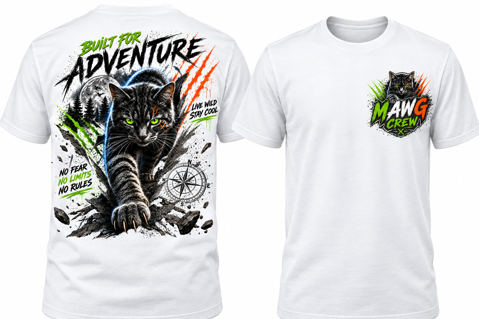 Youth adventure t-shirt featuring a bold black cat graphic with outdoor-inspired artwork on the back and a matching MAWG Crew logo on the front chest.