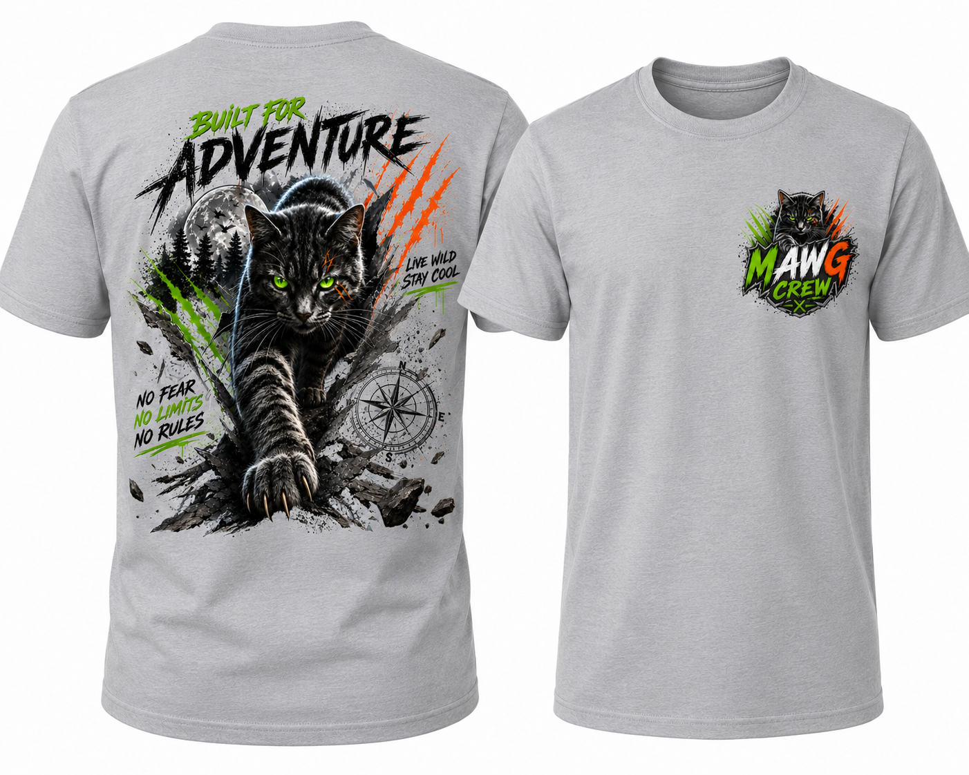 Youth adventure t-shirt featuring a bold black cat graphic with outdoor-inspired artwork on the back and a matching MAWG Crew logo on the front chest.