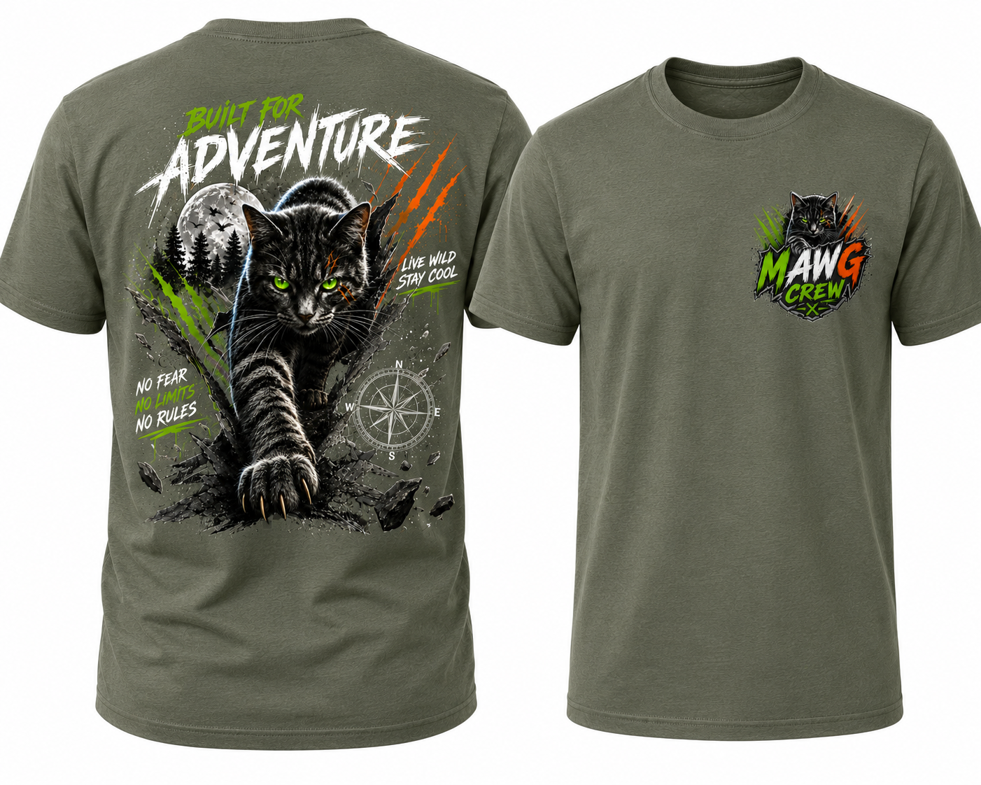 Youth adventure t-shirt featuring a bold black cat graphic with outdoor-inspired artwork on the back and a matching MAWG Crew logo on the front chest.