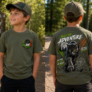 Youth adventure t-shirt featuring a bold black cat graphic with outdoor-inspired artwork on the back and a matching MAWG Crew logo on the front chest.