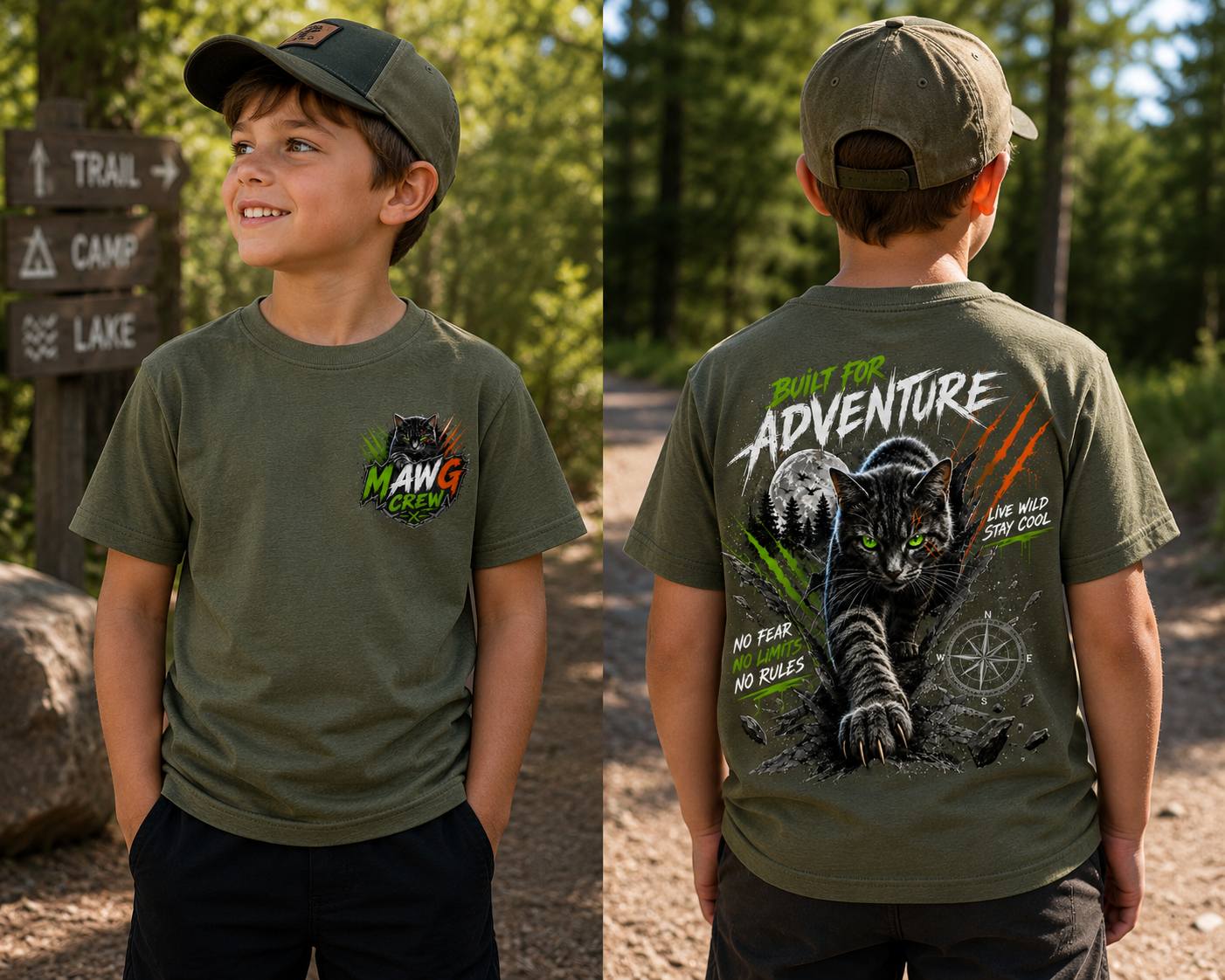 Youth adventure t-shirt featuring a bold black cat graphic with outdoor-inspired artwork on the back and a matching MAWG Crew logo on the front chest.