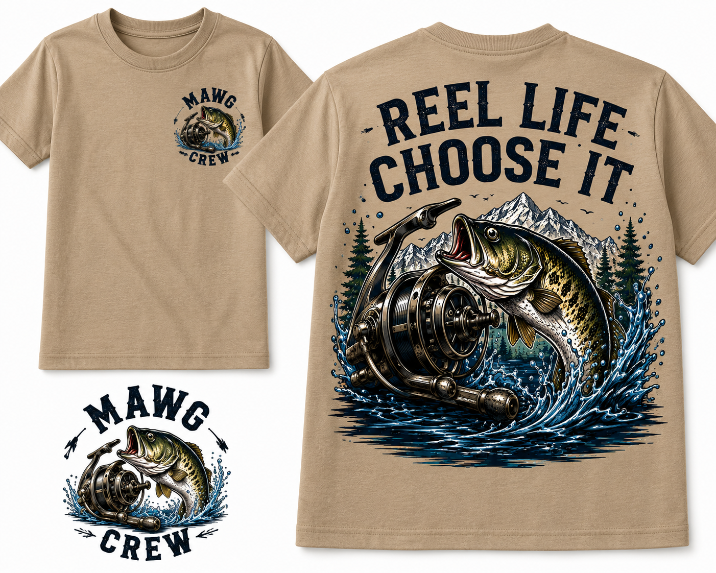 Detailed outdoor fishing graphic featuring a jumping bass, vintage fishing reel, mountain landscape, pine trees, and water splash with the phrase "Reel Life Choose It." Perfect for fishing enthusiasts and outdoor adventurers.
