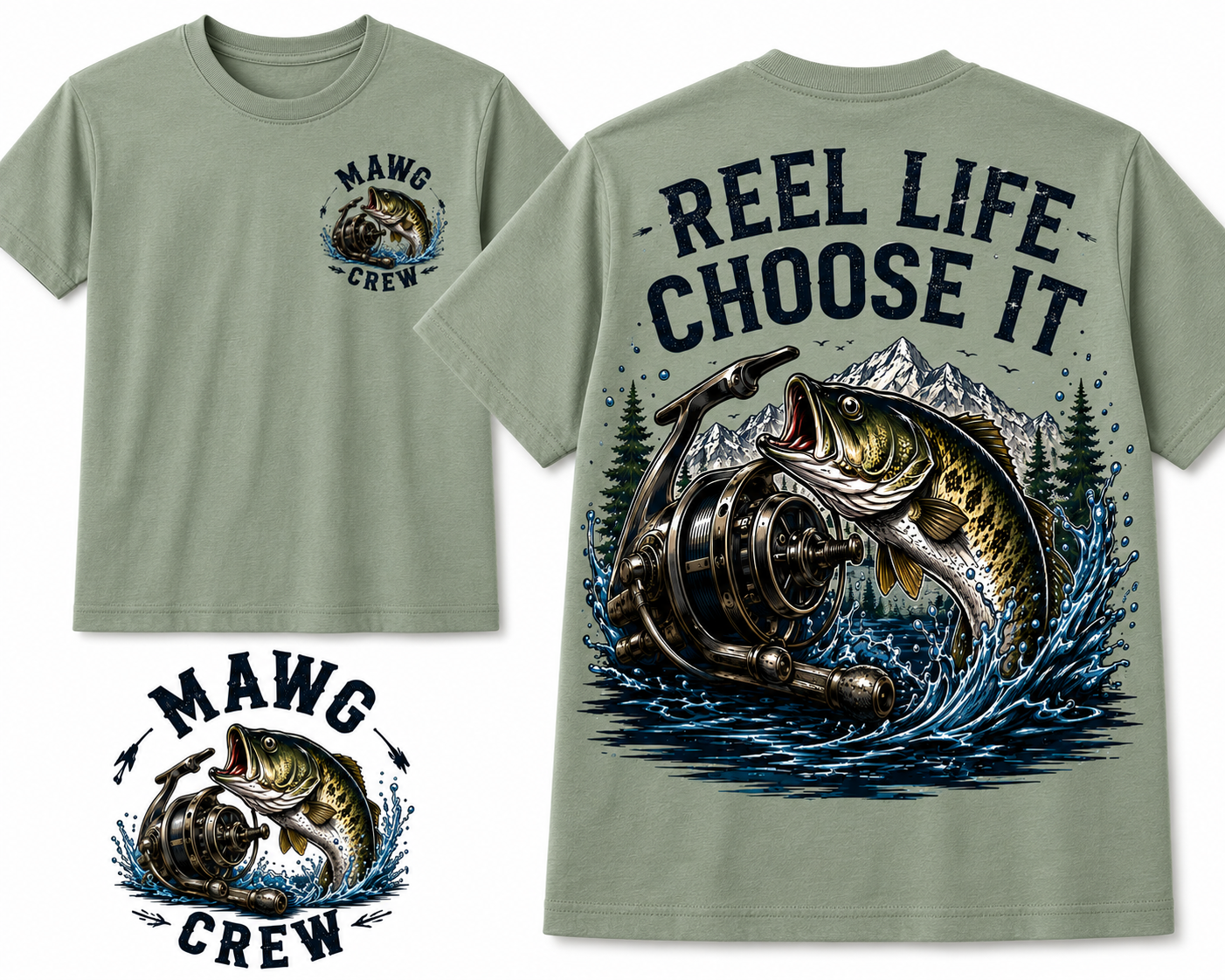 Detailed outdoor fishing graphic featuring a jumping bass, vintage fishing reel, mountain landscape, pine trees, and water splash with the phrase "Reel Life Choose It." Perfect for fishing enthusiasts and outdoor adventurers.