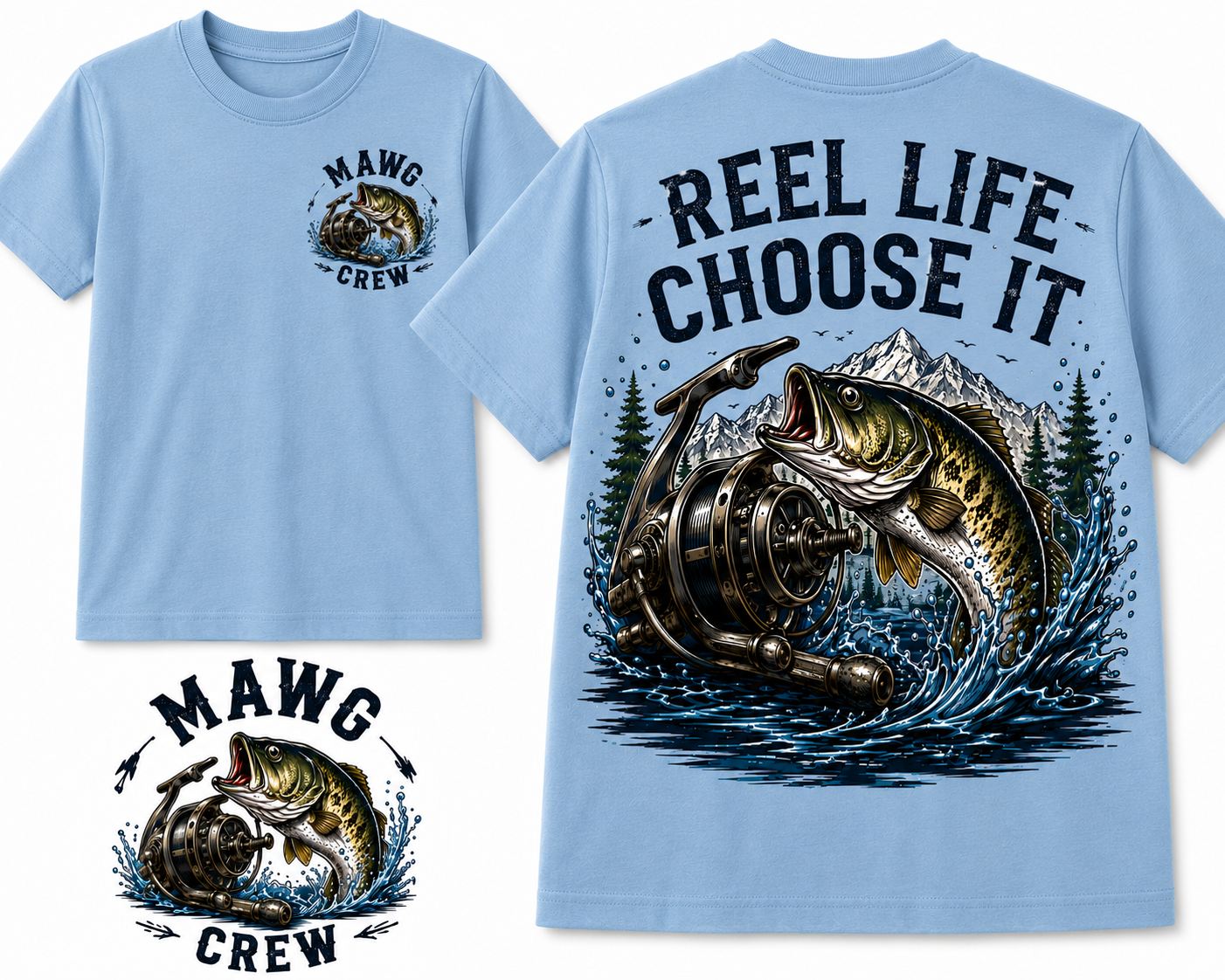 Detailed outdoor fishing graphic featuring a jumping bass, vintage fishing reel, mountain landscape, pine trees, and water splash with the phrase "Reel Life Choose It." Perfect for fishing enthusiasts and outdoor adventurers.