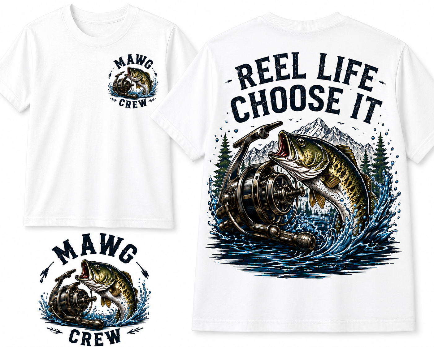 Detailed outdoor fishing graphic featuring a jumping bass, vintage fishing reel, mountain landscape, pine trees, and water splash with the phrase "Reel Life Choose It." Perfect for fishing enthusiasts and outdoor adventurers.