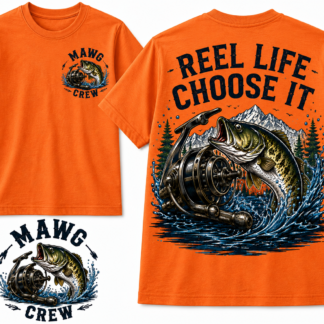 Detailed outdoor fishing graphic featuring a jumping bass, vintage fishing reel, mountain landscape, pine trees, and water splash with the phrase "Reel Life Choose It." Perfect for fishing enthusiasts and outdoor adventurers.