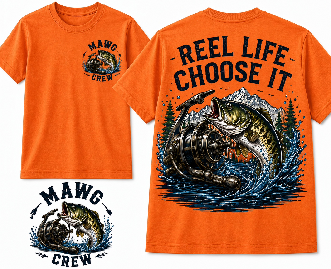 Detailed outdoor fishing graphic featuring a jumping bass, vintage fishing reel, mountain landscape, pine trees, and water splash with the phrase "Reel Life Choose It." Perfect for fishing enthusiasts and outdoor adventurers.