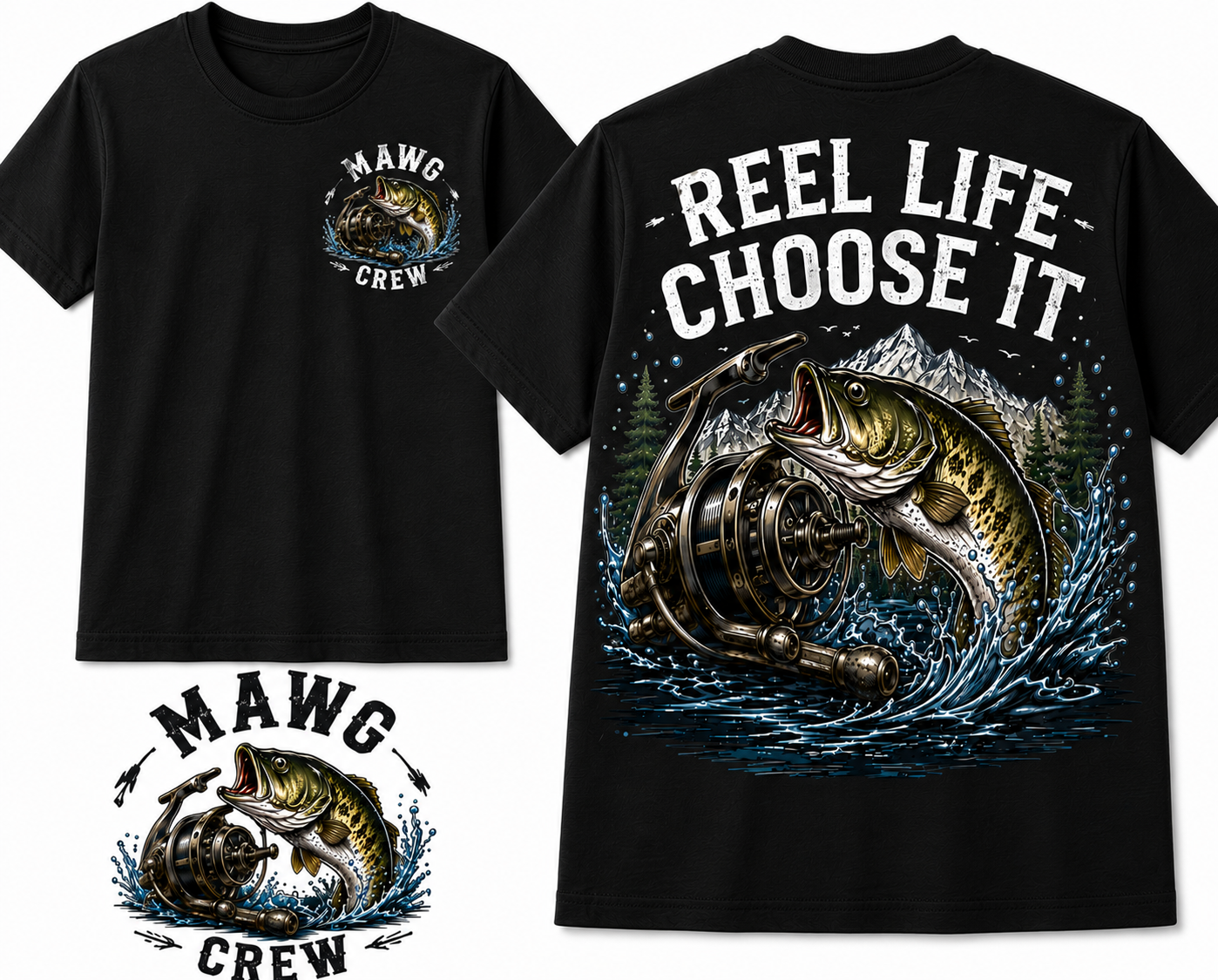 Detailed outdoor fishing graphic featuring a jumping bass, vintage fishing reel, mountain landscape, pine trees, and water splash with the phrase "Reel Life Choose It." Perfect for fishing enthusiasts and outdoor adventurers.