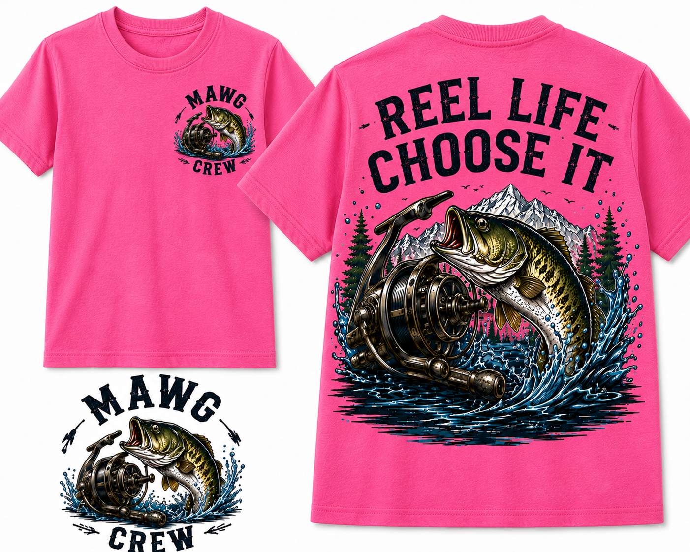 Detailed outdoor fishing graphic featuring a jumping bass, vintage fishing reel, mountain landscape, pine trees, and water splash with the phrase "Reel Life Choose It." Perfect for fishing enthusiasts and outdoor adventurers.