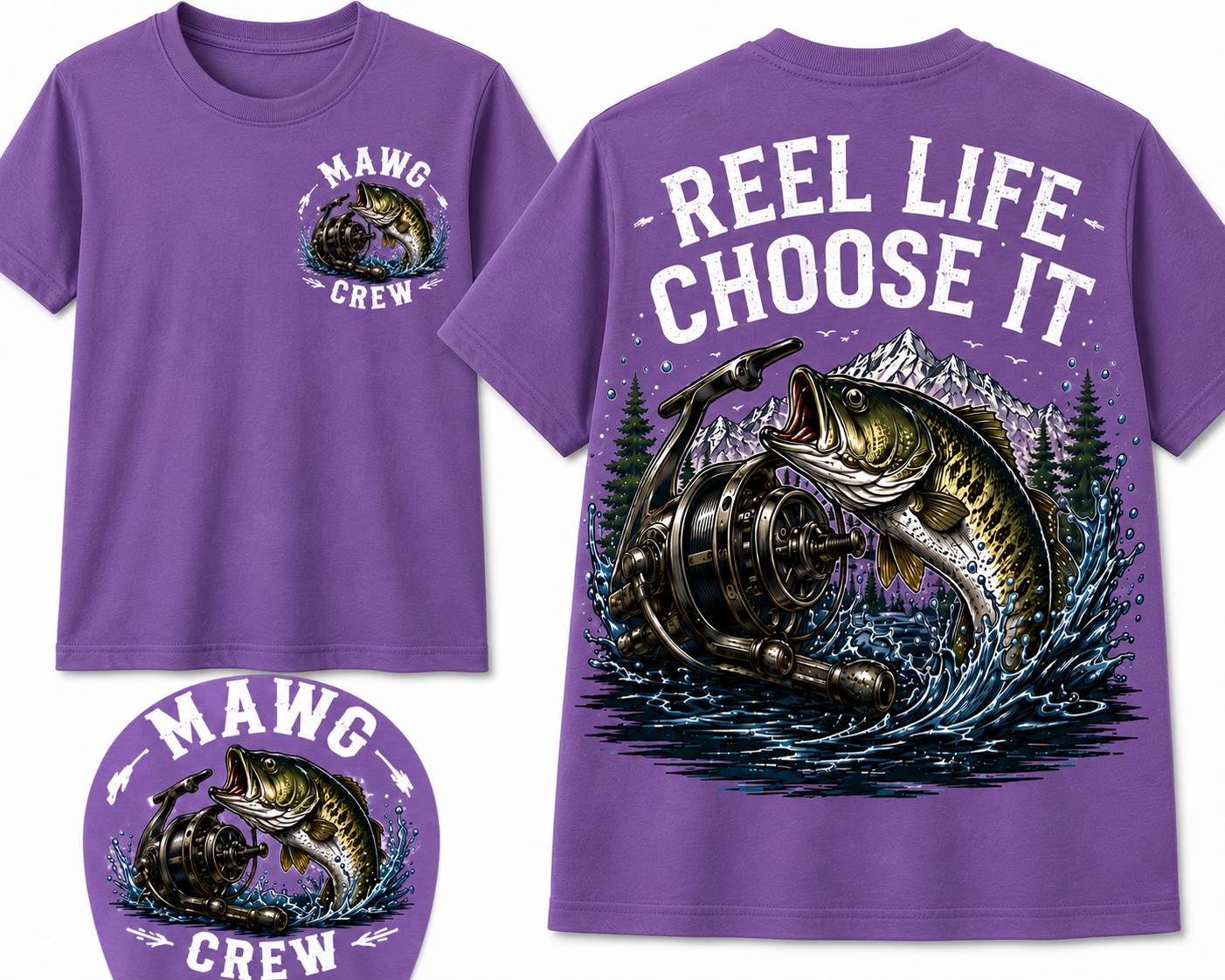 Detailed outdoor fishing graphic featuring a jumping bass, vintage fishing reel, mountain landscape, pine trees, and water splash with the phrase "Reel Life Choose It." Perfect for fishing enthusiasts and outdoor adventurers.