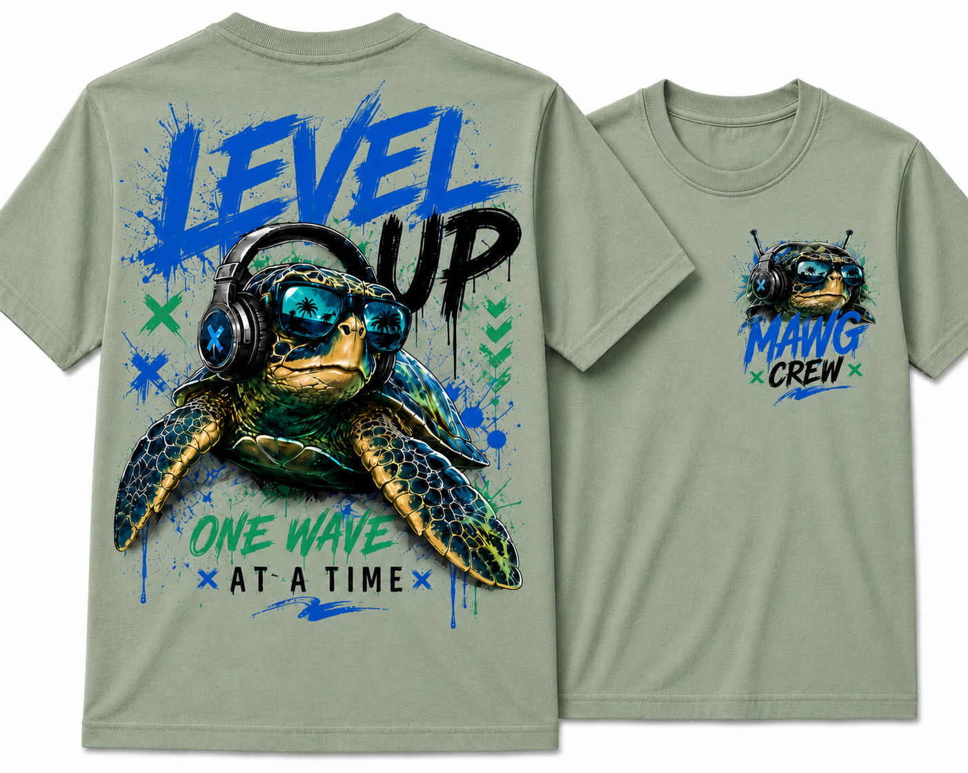 MAWG Crew youth t-shirt featuring a cool sea turtle wearing headphones with a bold "Level Up – One Wave at a Time" graphic on the back and a matching chest logo on the front.