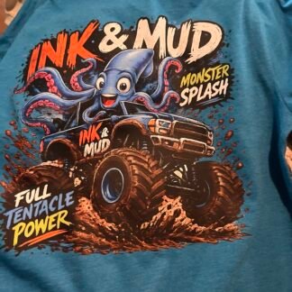 MAWG Crew Ink & Mud Monster Splash youth T-shirt featuring an octopus driving a monster truck through mud with a small MAWG Crew logo on the front chest.