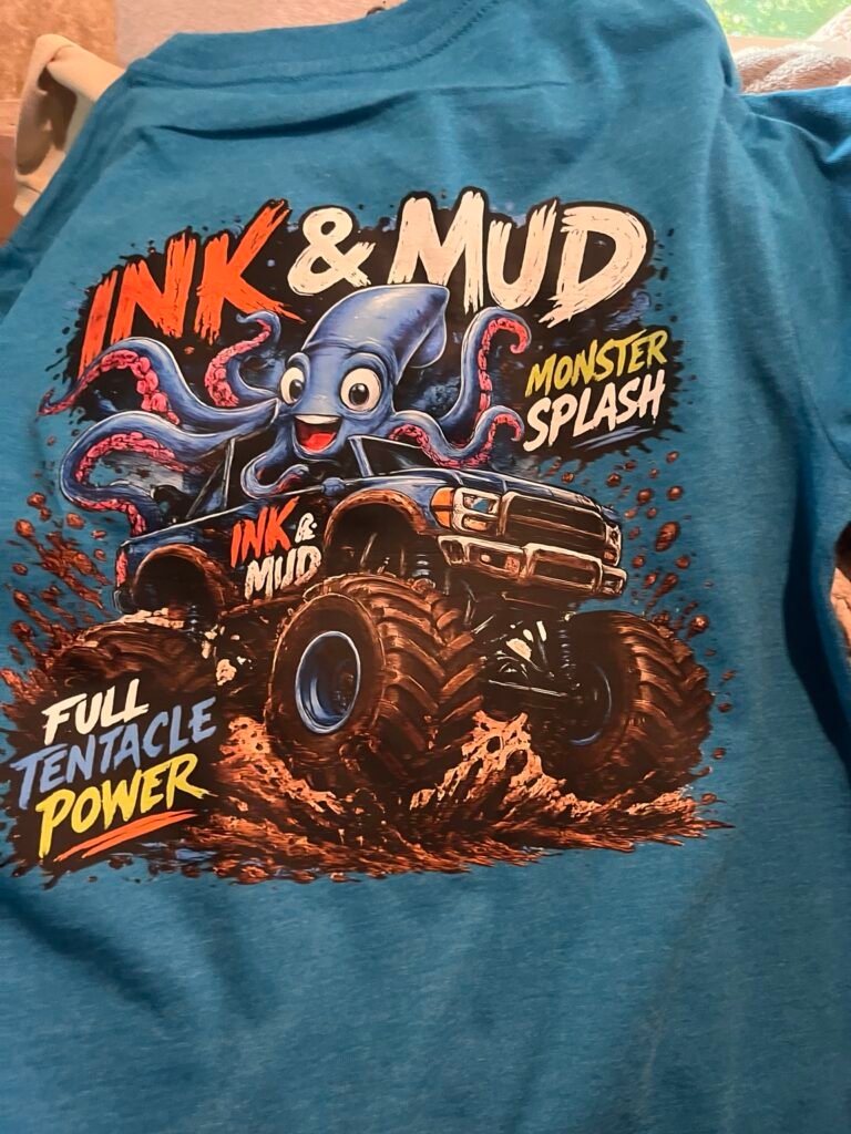 MAWG Crew Ink & Mud Monster Splash youth T-shirt featuring an octopus driving a monster truck through mud with a small MAWG Crew logo on the front chest.