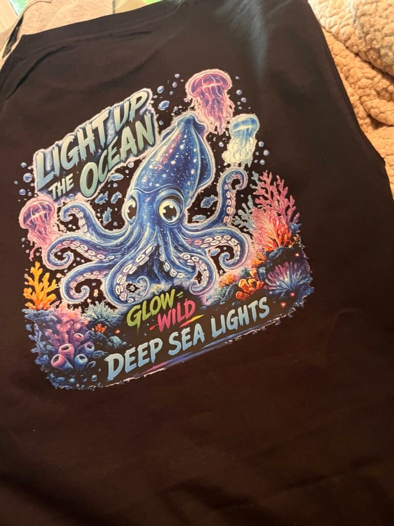 Light Up the Ocean Glow Wild deep sea squid design with jellyfish, coral, and ocean life