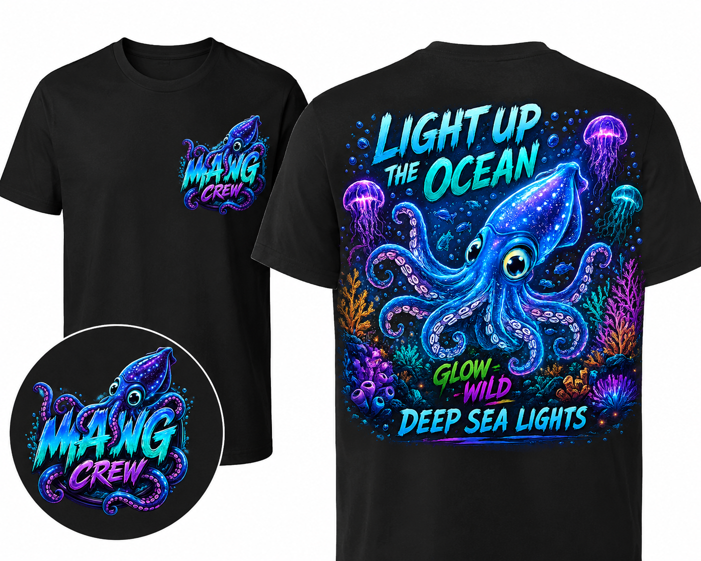 Light Up the Ocean Glow Wild deep sea squid design with jellyfish, coral, and ocean life