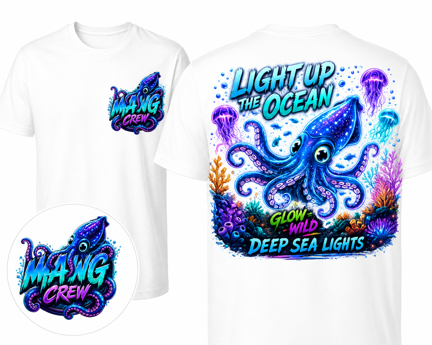 Light Up the Ocean Glow Wild deep sea squid design with jellyfish, coral, and ocean life