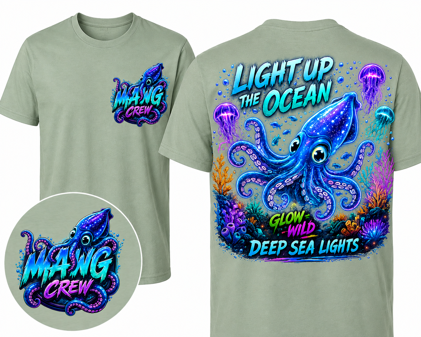 Light Up the Ocean Glow Wild deep sea squid design with jellyfish, coral, and ocean life