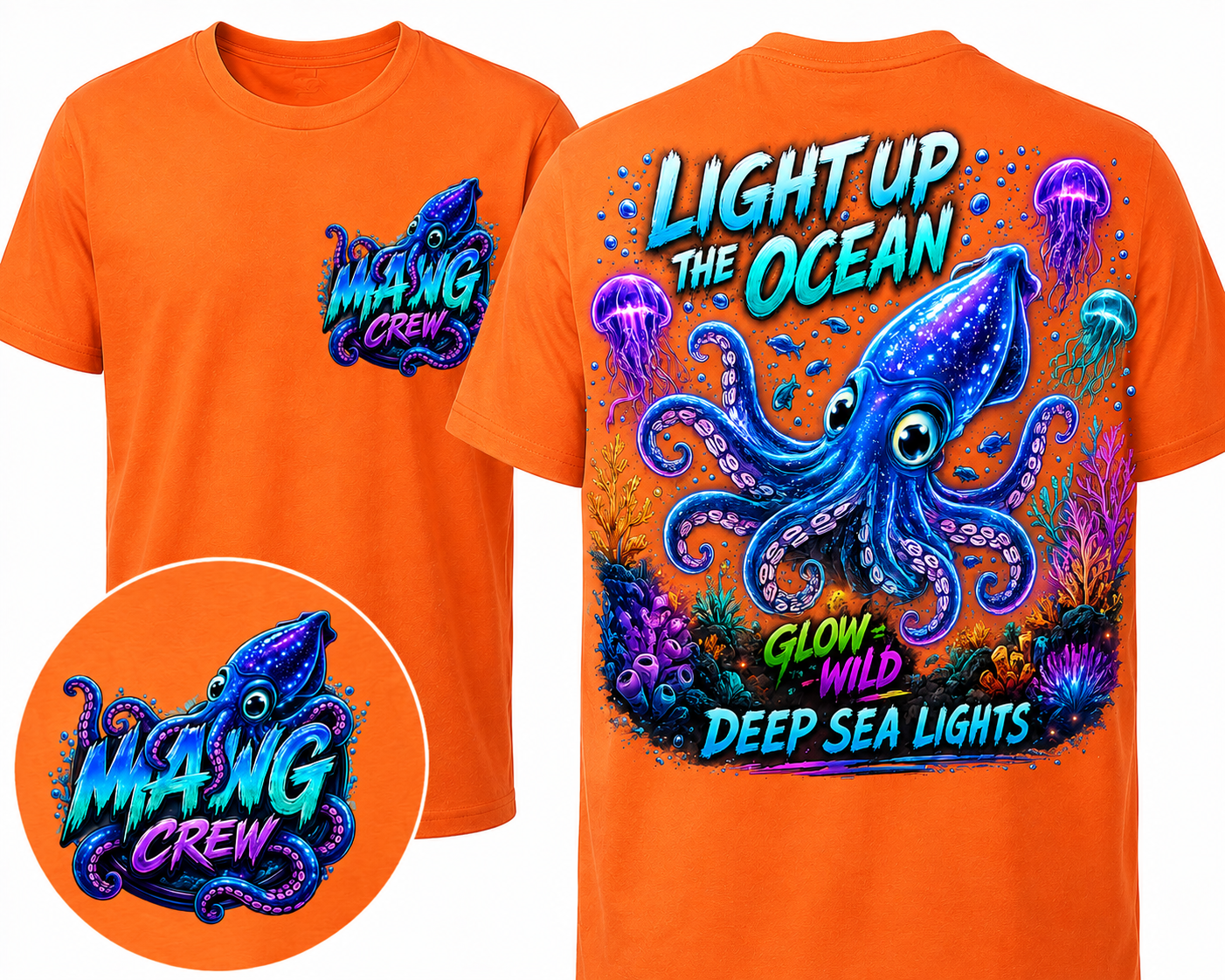 Light Up the Ocean Glow Wild deep sea squid design with jellyfish, coral, and ocean life