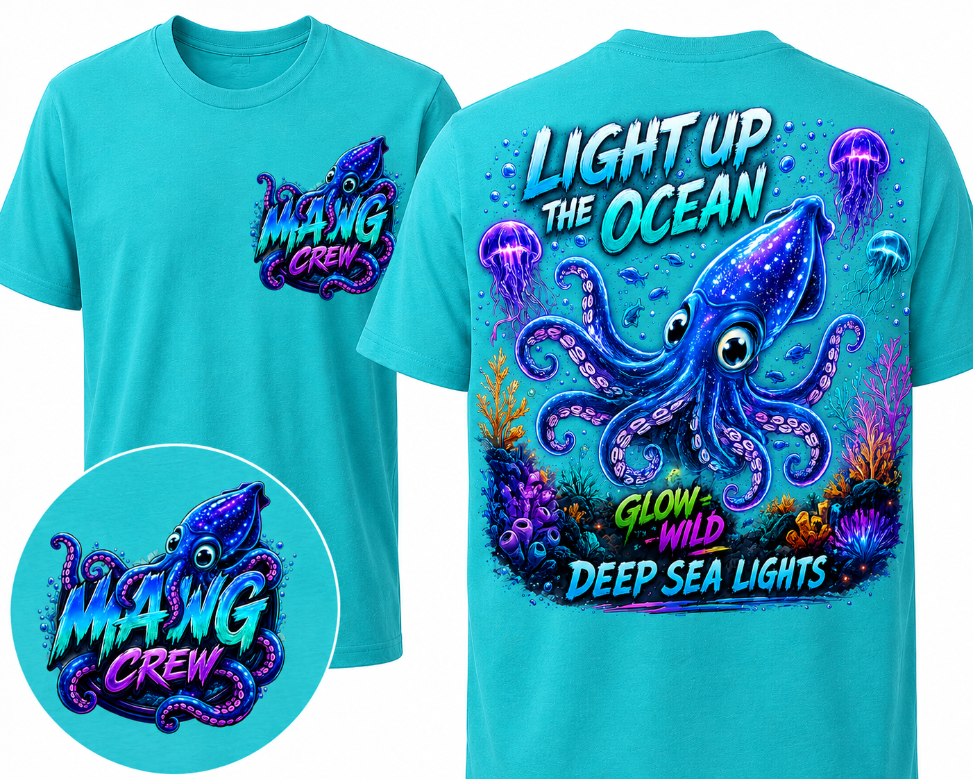 Light Up the Ocean Glow Wild deep sea squid design with jellyfish, coral, and ocean life
