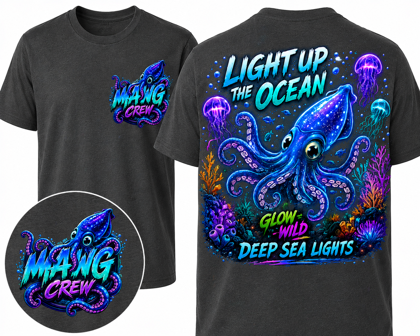 Light Up the Ocean Glow Wild deep sea squid design with jellyfish, coral, and ocean life
