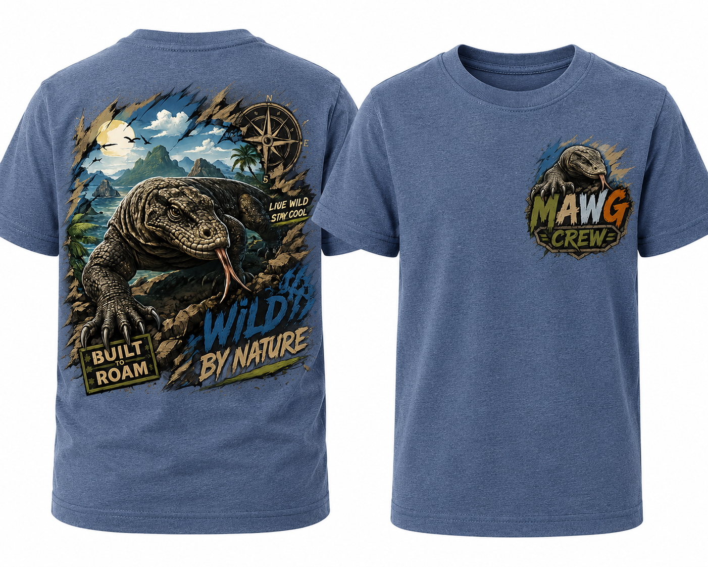 MAWG Crew youth shirt featuring a Komodo dragon adventure design with tropical landscape, compass, and Built to Roam Wild by Nature artwork