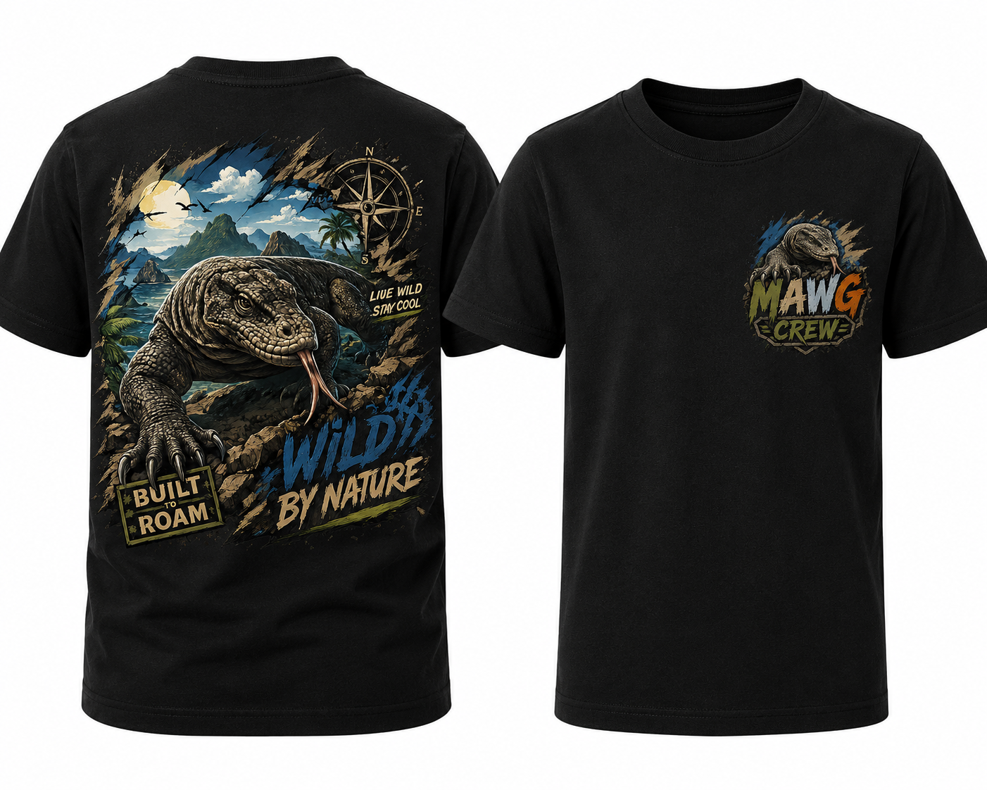 MAWG Crew youth shirt featuring a Komodo dragon adventure design with tropical landscape, compass, and Built to Roam Wild by Nature artwork