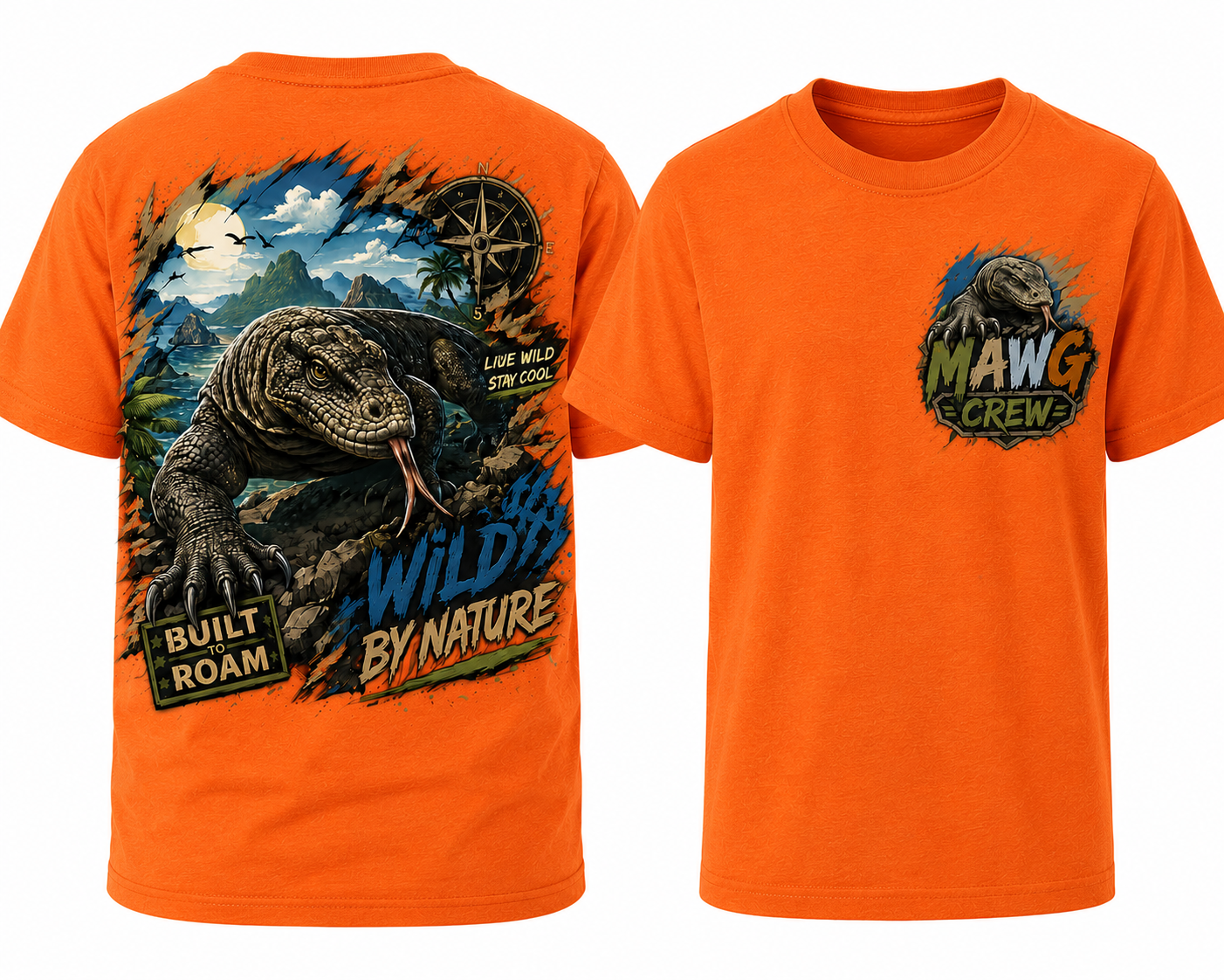 MAWG Crew youth shirt featuring a Komodo dragon adventure design with tropical landscape, compass, and Built to Roam Wild by Nature artwork