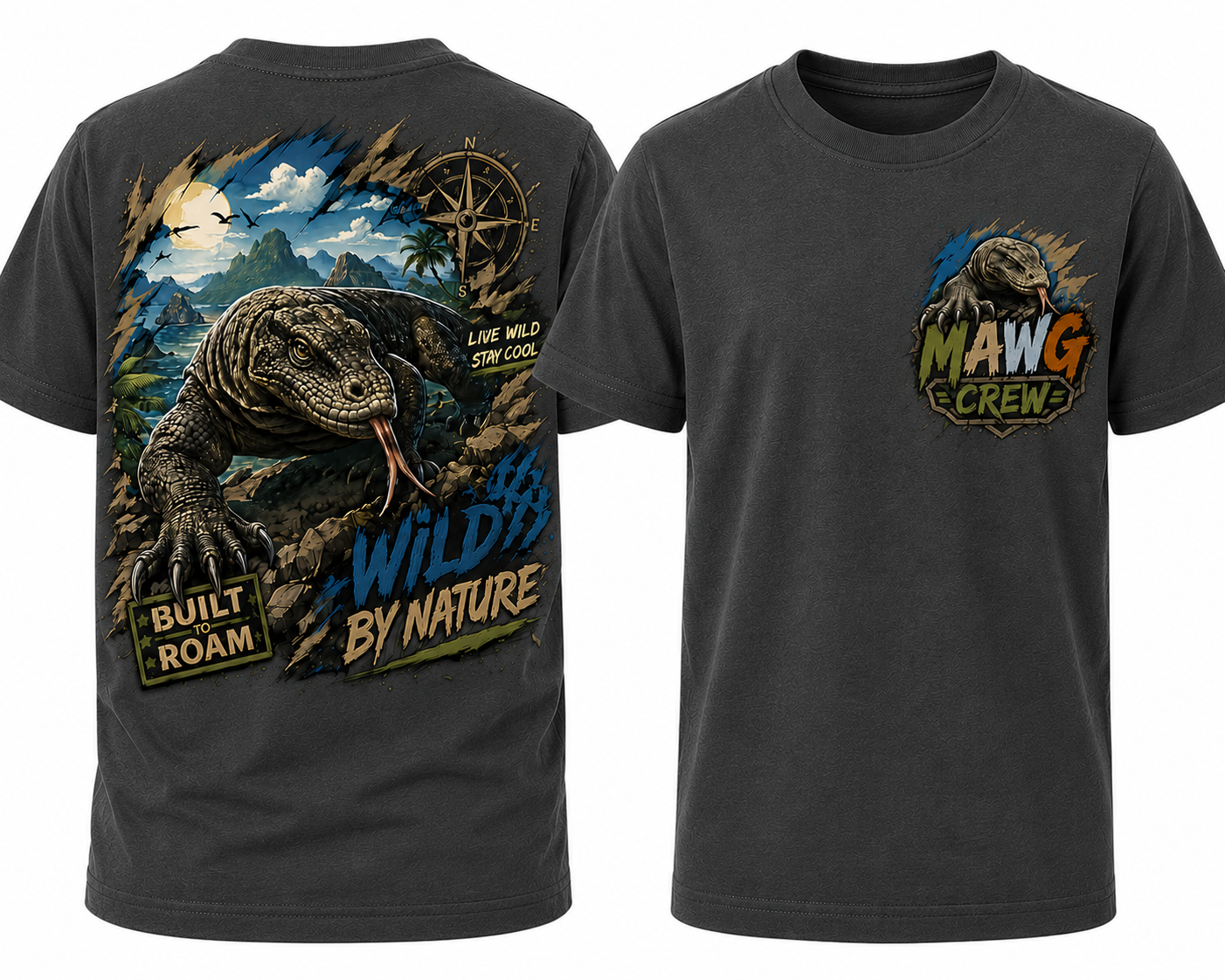 MAWG Crew youth shirt featuring a Komodo dragon adventure design with tropical landscape, compass, and Built to Roam Wild by Nature artwork