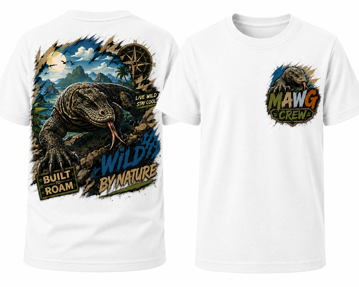 MAWG Crew youth shirt featuring a Komodo dragon adventure design with tropical landscape, compass, and Built to Roam Wild by Nature artwork