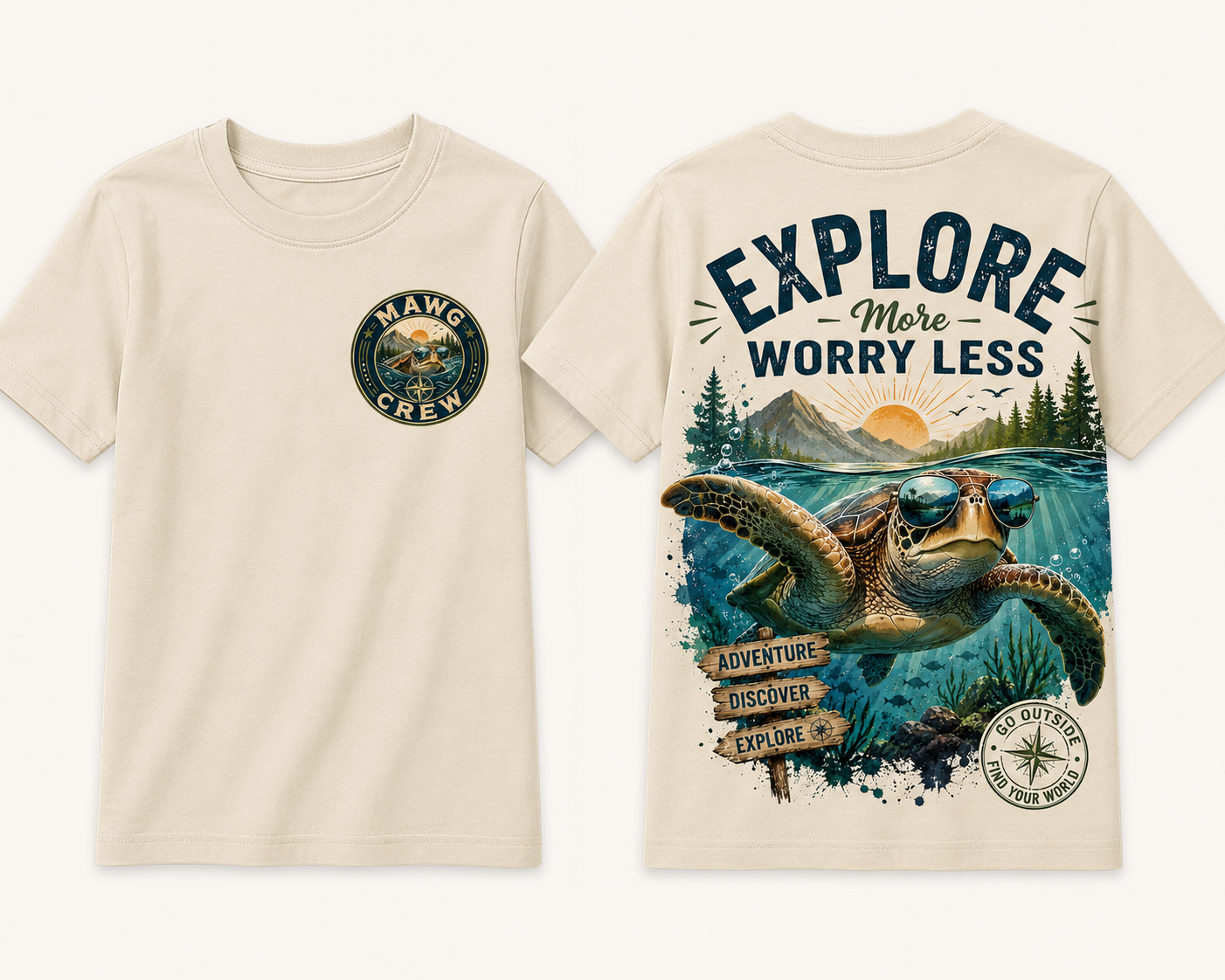 MAWG Crew Explore More Worry Less adventure T-shirt featuring a sea turtle wearing sunglasses, mountain scenery, ocean artwork, and a small MAWG Crew logo on the front.