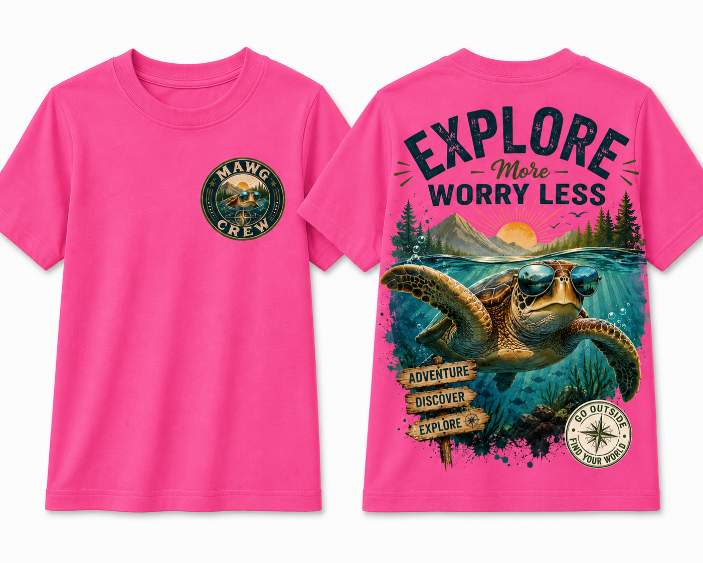 MAWG Crew Explore More Worry Less adventure T-shirt featuring a sea turtle wearing sunglasses, mountain scenery, ocean artwork, and a small MAWG Crew logo on the front.